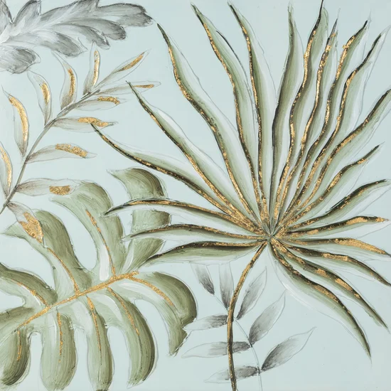 Obraz NATURE ręcznie malowane na płótnie egzotyczne liście - 60 x 60 cm - jasnozielony