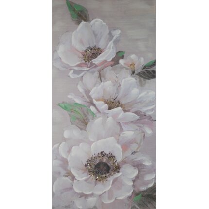 Obraz FLOWERY ręcznie malowany na płótnie kwiat podkreślony lśniącymi akcentami 60 x 120 cm beżowy,zielony | Eurofirany