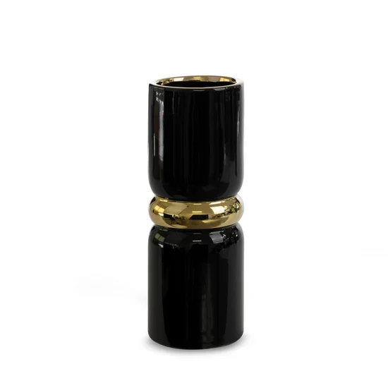 Wazon ceramiczny SELIN o  kształcie walca czarno-złoty - ∅ 11 x 31 cm - czarny