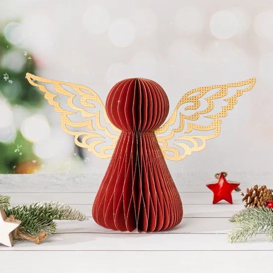Figurka świąteczna ANIOŁ z złotymi ażurowymi skrzydłami w stylu eko - 15 x 20 x 30 cm - bordowy