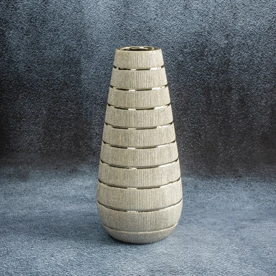 Wazon ceramiczny MELINDA o łączonych fakturach z wytłaczanym wzorem, nowoczesny - ∅ 10 x 36 cm - szampański
