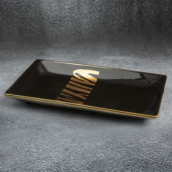 Patera ceramiczna SELENA o geometrycznym kształcie czarno-złota - 35 x 20 x 7 cm - czarny