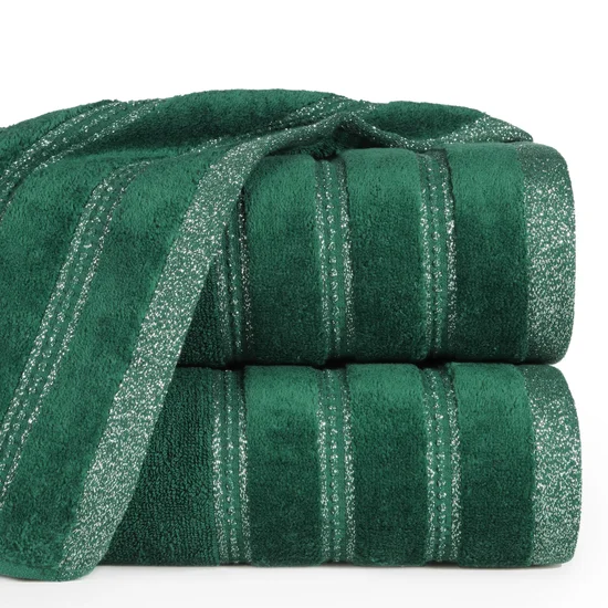 Ręcznik z welurową bordiurą przetykaną błyszczącą nicią - 50 x 90 cm - butelkowy zielony