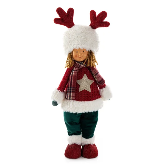 Figurka świąteczna DOLL lalka w zimowym stroju z miękkim futerkiem - 21 x 12 x 52 cm - czerwony