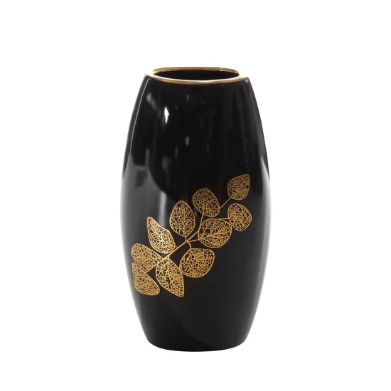 Wazon ceramiczny  z nadrukiem ażurowej złotej gałązki - 13 x 9 x 25 cm - czarny