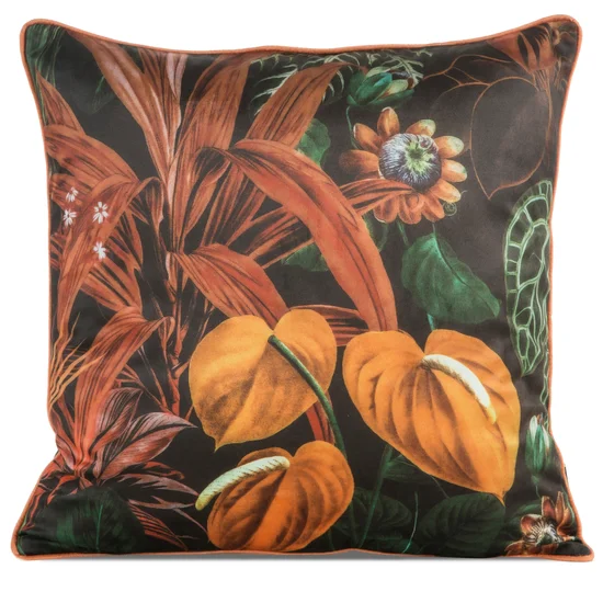 Poszewka VELVET z welwetu zdobiona nadrukiem liści i elegancką lamówką na brzegach - 45 x 45 cm - czarny