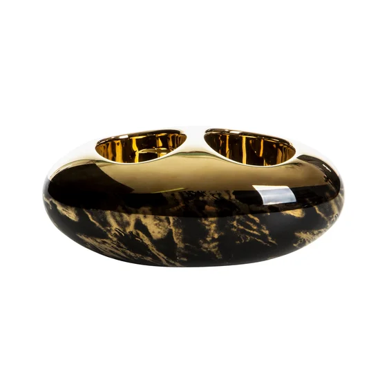 Świecznik ceramiczny KYLA ze złotymi przetarciami czarny - 15 x 8 x 6 cm - czarny