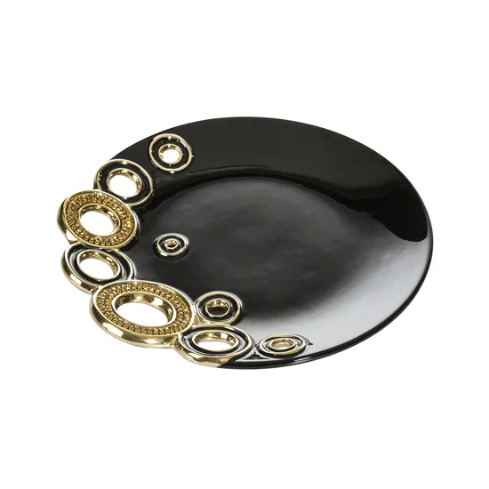 Patera ELEN z dolomitu z ażurową aplikacją zdobiona kryształami czarno-złota - 22 x 21.5 x 3 cm - czarny