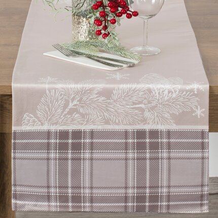 Bieżnik welwetowy HOLLY z motywem świątecznymi i ozdobną kantą w kratę 40 x 140 cm beżowy