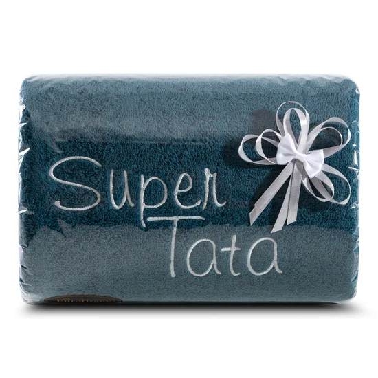 Zestaw prezentowy -  ręcznik z haftem SUPER TATA - 26 x 11 x 18 cm - ciemnoniebieski