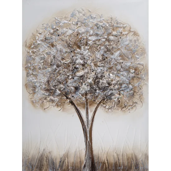 Obraz TREE 1 ręcznie malowany z kryształkami oraz srebrzystymi akcentami - 50 x 70 cm - biały