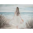 Obraz SEA ręcznie malowany pejzaż z kobietą spacerującą brzegiem morza - 120 x 90 cm - beżowy 1