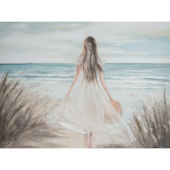 Obraz SEA ręcznie malowany pejzaż z kobietą spacerującą brzegiem morza - 120 x 90 cm - beżowy