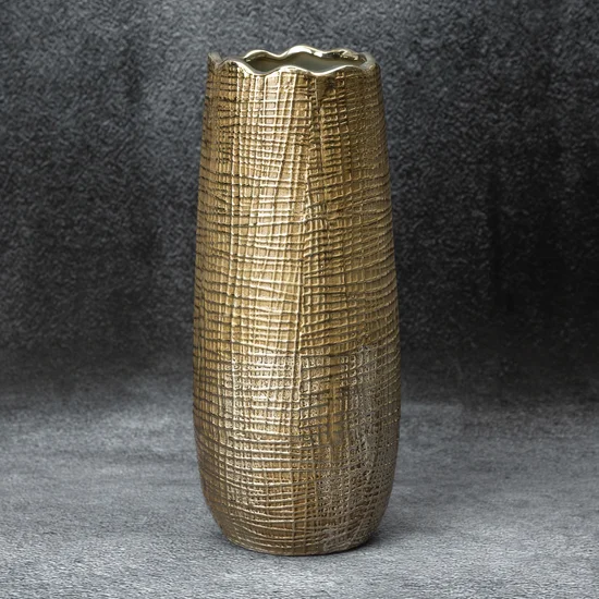 Wazon ceramiczny SELMA z wytłaczanym wzorem brązowo-złoty - ∅ 14 x 33 cm - brązowy