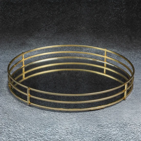Okrągła taca dekoracyjna PATI 2 z lustrzanym blatem i metalowym obrzeżem w stylu art deco, złota - ∅ 30 x 5 cm - złoty