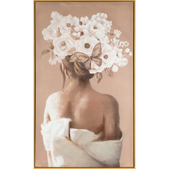 Obraz EMMA 2 kobieta w nakryciu głowy z kwiatów ręcznie malowany na płótnie - 60 x 100 cm - beżowy