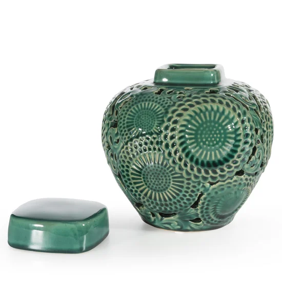 Pojemnik HARIET z ceramiki z ażurowym wzorem - ∅ 18 x 20 cm - zielony