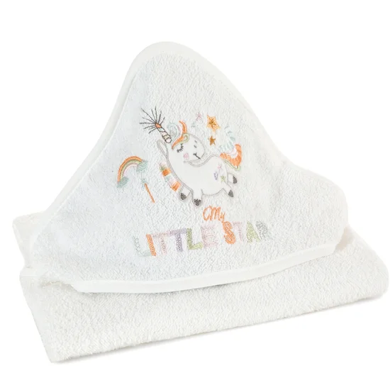 DIVA LINE Ręcznik BABY z kapturkiem i naszywaną aplikacją z jednorożcem - 75 x 75 cm - biały