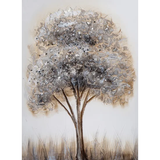 Obraz TREE 2 ręcznie malowany na płótnie z kryształkami i srebrzystymi akcentami - 50 x 70 cm - biały