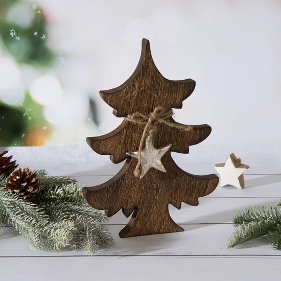 Figurka świąteczna drewniana choinka w stylu eko - 18 x 3 x 25 cm - brązowy