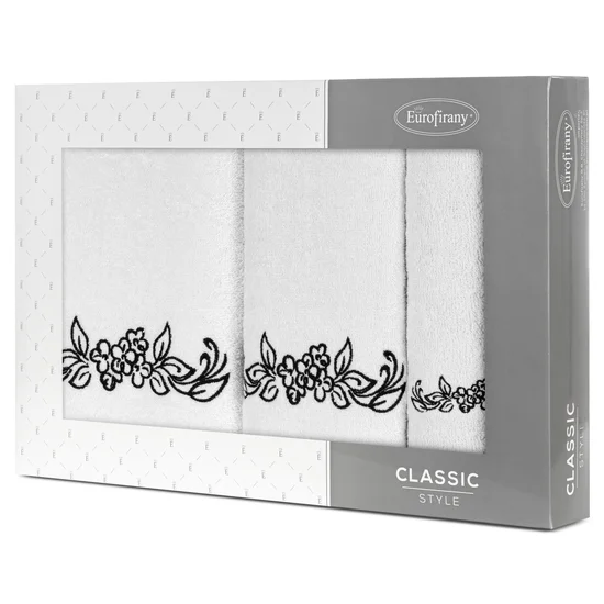 Zestaw upominkowy CLAVIA 3 szt ręczników z haftem z motywem kwiatowym w kartonowym opakowaniu na prezent - 56 x 36 x 7 cm - biały