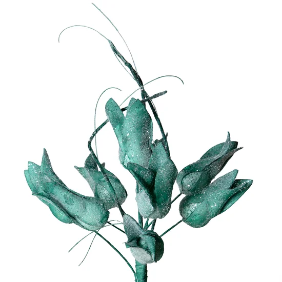 Sztuczny kwiat dekoracyjny z pianki foamiran oprószony brokatem i drobnym puszkiem - 80 cm - turkusowy