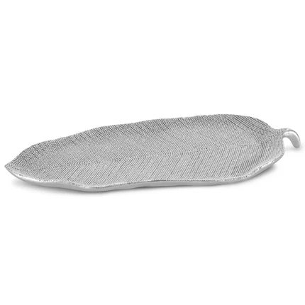 Liść - patera dekoracyjna ELDO o drobnym strukturalnym wzorze, srebrna Liść - patera dekoracyjna ELDO o drobnym strukturalnym wzorze, srebrna - 36 x 14 x 3 cm