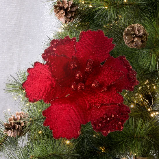 Świąteczny kwiat dekoracyjny z welwetowej tkaniny z wytłaczanymi płatkami  i cekinami - 20 x 20 cm - czerwony