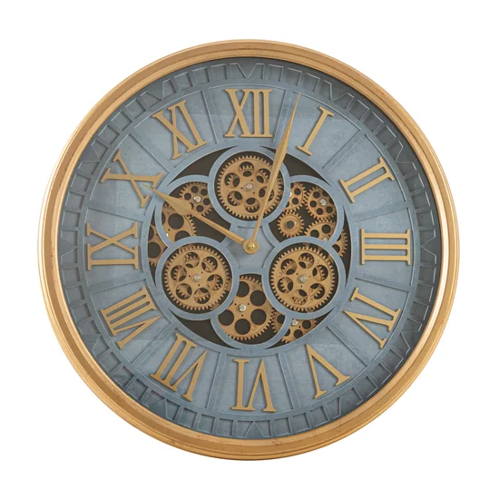 Duży dekoracyjny zegar ścienny z rzymskimi cyframi i ruchomymi kołami zębatymi, styl vintage, 51 cm średnicy - 51 x 6 x 51 cm - niebieski