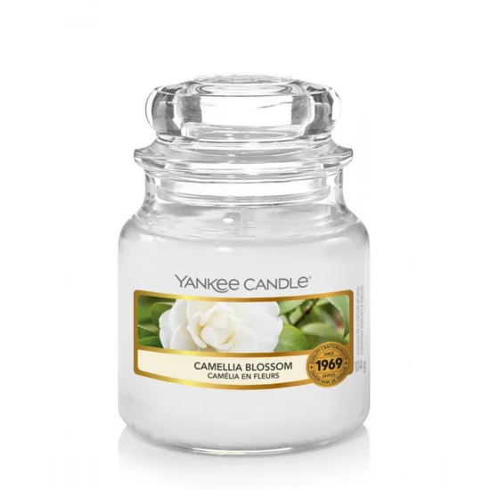 YANKEE CANDLE - Mała świeca zapachowa w słoiku - Camellia Blossom - ∅ 6 x 9 cm - biały