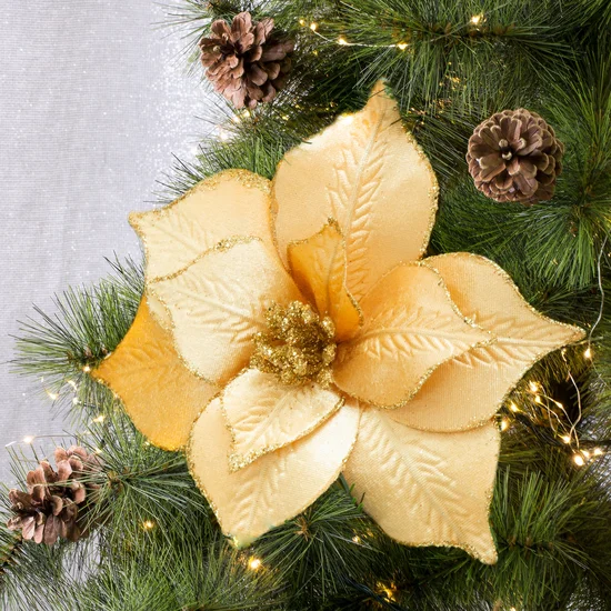 Świąteczny kwiat dekoracyjny z welwetu ze złotymi brzegami - 20 cm - złoty