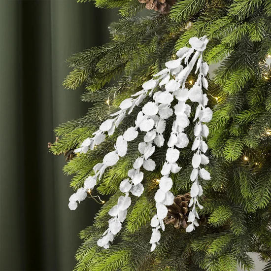 Gałązka dekoracyjna świąteczna z listeczkami zdobiona brokatem - długość 68 cm - biały