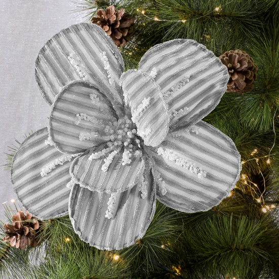 Świąteczny kwiat dekoracyjny w paski zdobiony koralikami - ∅ 20 cm - srebrny