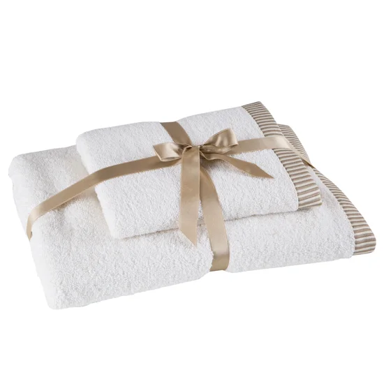 Komplet 2 szt ręczników KOS z  ozdobną żakardową bordiurą w paseczki - 36 x 25 x 12 cm - kremowy