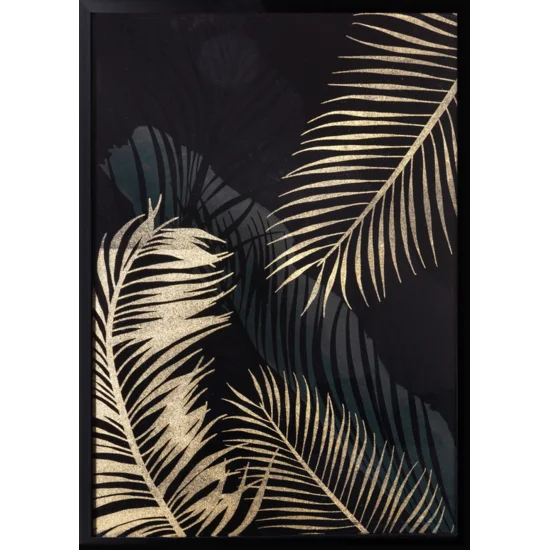 Obraz z nadrukiem błyszczących złotych liści w czarnej ramce - 53 x 73 cm - czarny