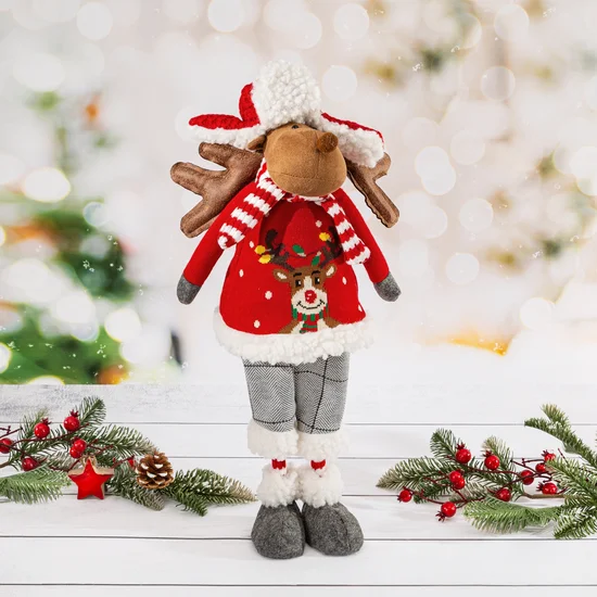 Figurka świąteczna RENIFER w zimowym stroju z miękkich tkanin - 20 x 12 x 52 cm - czerwony