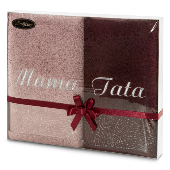 Zestaw prezentowy - komplet 2 szt ręczników z haftem MAMA i TATA - 39 x 34 x 5 cm - różowy
