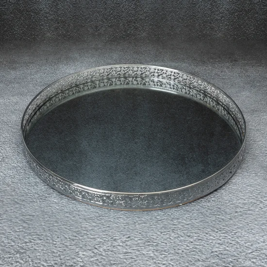 Okrągła taca dekoracyjna RIKI z lustrzanym blatem i ażurowym obrzeżem z metalu, srebrna - ∅ 40 x 3 cm - srebrny