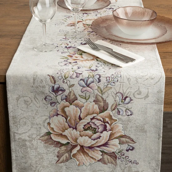 Bieżnik z grubszej tkaniny gobelinowej z nicią szenilową z motywem kwiatów - 40 x 100 cm - naturalny