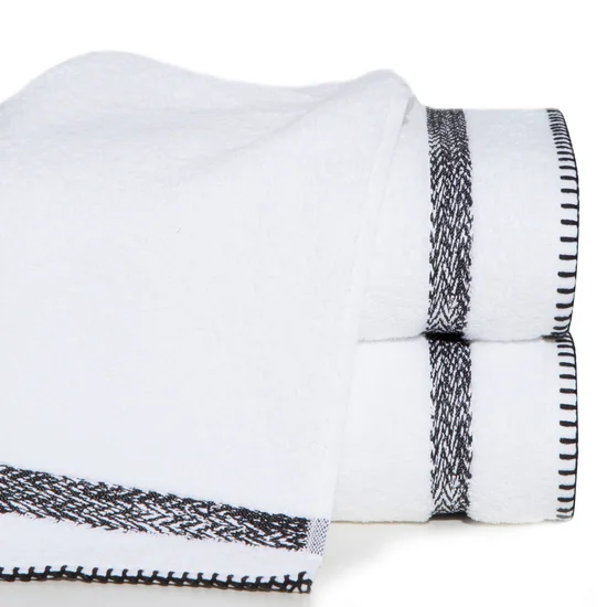 Ręcznik VIERA z bawełny z melanżowym paskiem obszyty ręcznym ściegiem - 50 x 90 cm - biały
