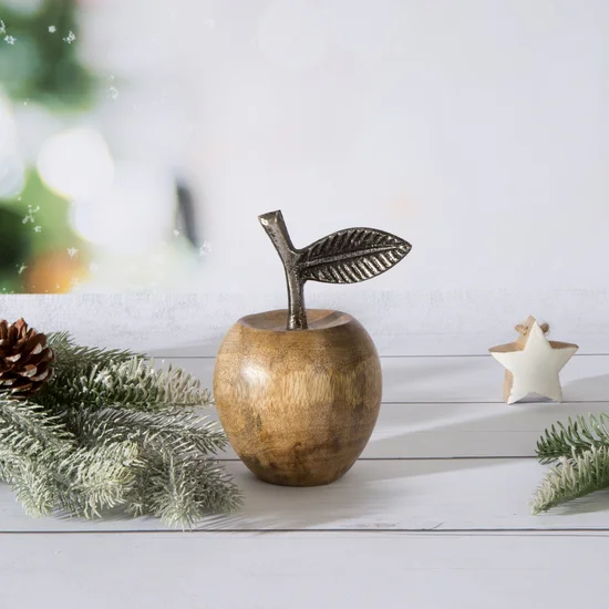 Figurka świąteczna z naturalnego drewna w kształcie jabłka zdobiona srebrnym liściem - ∅ 8 x 14 cm - brązowy