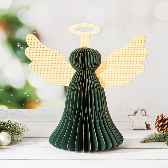 Figurka świąteczna ANIOŁ z złotymi skrzydłami w stylu eko - 25 x 15 x 25 cm - zielony