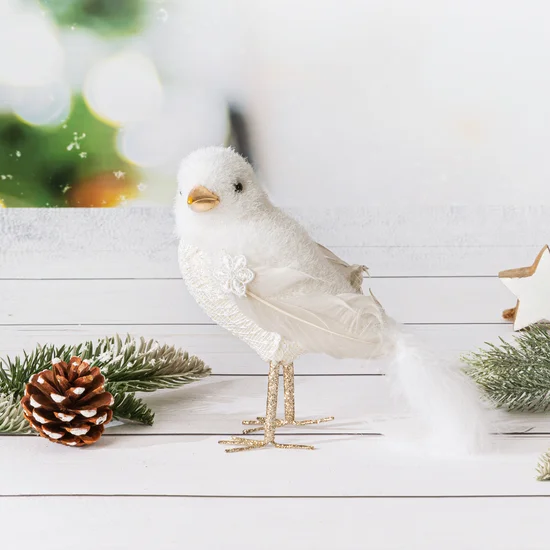 Figurka świąteczna PTAK z dodatkiem pięknych piór - 20 x 7 x 15 cm - biały