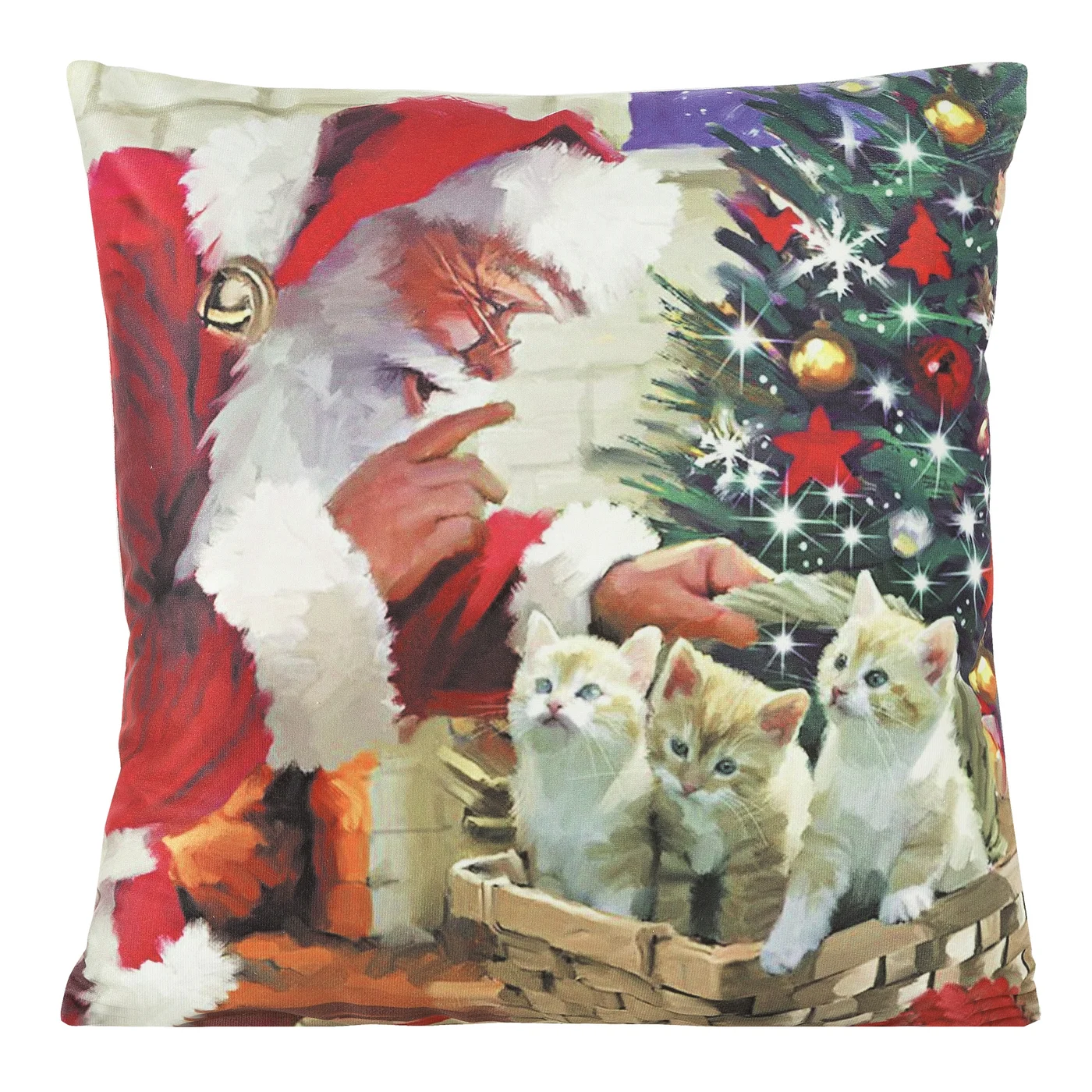 Poszewka świąteczna JINGLE z miękkiej tkaniny z nadrukiem z Mikołajem i kotkami
