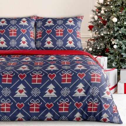 Komplet świątecznej pościeli MERRY z bawełny renforce z motywem świątecznym 160 x 200 cm granatowy,czerwony