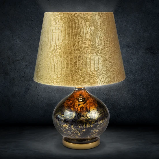 Lampa stołowa MYRA na szklanej podstawie z przecieranego szkła czarno-złota z wytłaczanego złotego welwetu - ∅ 24 x 53 cm - czarny