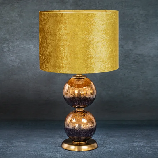 Lampa stołowa SABRINA na szklanej podstawie ze złoto-czarnego szkła z welwetowym abażurem - ∅ 36 x 61 cm - musztardowy