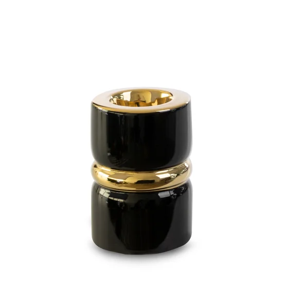 Świecznik ceramiczny SELIN o  kształcie walca czarno-złoty - ∅ 8 x 13 cm - czarny