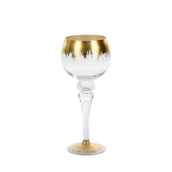 Świecznik bankietowy szklany kielich na wysmukłej nóżce ze złotymi brzegami - ∅ 12 x 30 cm - biały