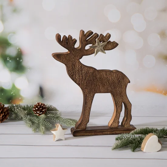 Figurka świąteczna  drewniany renifer w stylu eko - 25 x 5 x 33 cm - brązowy